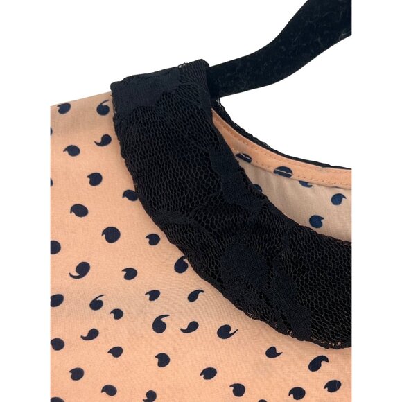 Vintage 90s Zara Lace Peter Pan Collar Peach Black Print Button Down Back Blouse - Picture 4 of 14